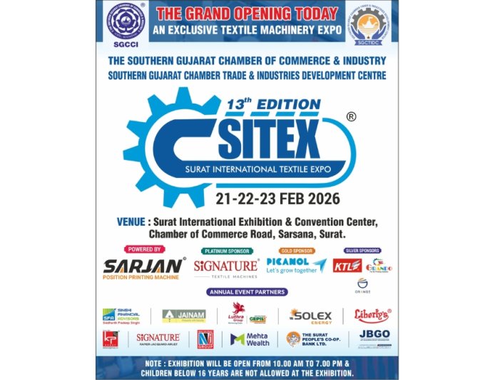 SITEX – Surat International Textile Expo 2026 Organised by SGCCI in Surat from 21st to 23rd February 2026